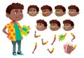 Boy, Child, Kid, Teen Vector. Black. Afro American. Schoolchildren, Teen. Face Emotions, Various Gestures. Animation