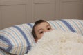 Boy, child, lies on the bed, covered up to the nose with a fluffy plaid, close-up, copy space
