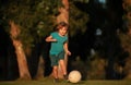 Boy child playing football on football field. Kid playing soccer. Child soccer player in park. Royalty Free Stock Photo