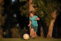 Boy child playing football on football field. Kid playing soccer. Child soccer player in park. Royalty Free Stock Photo