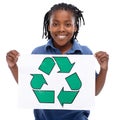 Boy, child and recycling poster in portrait, social responsibility and environment with smile on white background. Waste Royalty Free Stock Photo