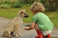 Boy, child in red rubber Wellingtons talking with the puppy. Childhood in diapers.