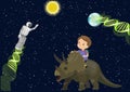Boy Child School Ride Triceratops Dinosaur Dream In Space Meet Alien Robot DNA. Stars Dark Sky Sun Earth. Vector Cute Cartoon Back