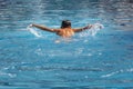 Boy child swimmer swim in swimming pool butterfly style. Water sports, training, learn to swim school class for children Royalty Free Stock Photo