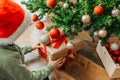 A boy, a child takes out a Christmas present from under the New Year tree, a box with a red ribbon. Children celebrate Royalty Free Stock Photo