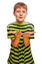 Boy child teenager blond open hand palm isolated