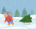 A boy with a Christmas tree on a sled. Winter illustration with a child pulling a sled on which a Christmas tree is Royalty Free Stock Photo