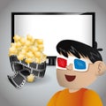 boy cinema 3d glasses tv and pop corn