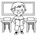 School Boy Holding Book in Front of Chalkboard â Educational Coloring Page Royalty Free Stock Photo