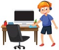 Boy cleaning computer desk