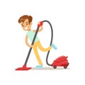 Boy Cleaning The Floor With Vacuum Cleaner Smiling Cartoon Kid Character Helping With Housekeeping And Doing House