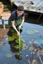 Boy cleaning garden pond Royalty Free Stock Photo