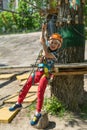 Boy at climbing activity in high wire forest park. Table Mountain Cableway kids special on again Royalty Free Stock Photo