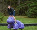 Boy Climbing on Purple Dinosaur at Park