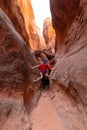 Boy Climbing Rocks in Arches National Park, Utah Royalty Free Stock Photo