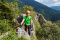 Boy climbing on via ferrata Royalty Free Stock Photo
