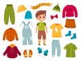 Boy clothes. Young modern child with apparel around, different seasons casual wear, character with jeans, shirts