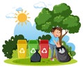 A boy collecting rubbish outdoor scene