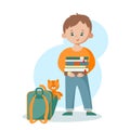 The boy collects books in a school backpack. The kitten accompanies the child to school. Vector on an isolated background.