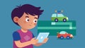 A boy concentrates intently as he controls a smart car toy using a coding app on his tablet mastering the basics of