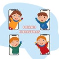 boy congratulates his friends on Christmas. Video call. Talk on the phone. Vector illustration . Christmas holidays