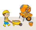 boy construction worker architect project mortar machine wheelbarrow cartoon story vector set