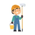 Boy Construction Worker with Bucket and Paint Roller, Cute Little Builder Character Wearing Blue Overalls and Hard Hat Royalty Free Stock Photo