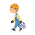 Boy Construction Worker Carrying Bucket, Cute Little Builder Character Wearing Blue Overalls and Hard Hat with