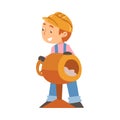 Boy Construction Worker and Concrete Mixer, Cute Little Builder Character Wearing Blue Overalls and Hard Hat with