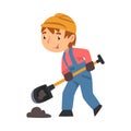 Boy Construction Worker Digging with Shovel, Cute Little Builder Character Wearing Blue Overalls and Hard Hat with Royalty Free Stock Photo