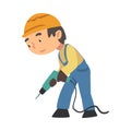 Boy Construction Worker with Drill, Cute Little Builder Character Wearing Blue Overalls and Hard Hat with Professional Royalty Free Stock Photo