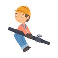 Boy Construction Worker Holding Pipe, Cute Little Builder Character Wearing Blue Overalls and Hard Hat Cartoon Style Royalty Free Stock Photo