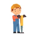 Boy Construction Worker with Pneumatic Plunger, Cute Little Builder Character Wearing Blue Overalls and Hard Hat with