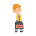 Boy Construction Worker with Toll Box, Cute Little Builder Character Wearing Blue Overalls and Hard Hat with Royalty Free Stock Photo