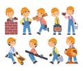 Boy Construction Workers with Professional Tools Set, Cute Little Builders Characters Wearing Blue Overalls and Hard Hat