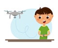 The boy controls the quadcopter from the remote control. Children robotics programming. Vector illustration isolated on Royalty Free Stock Photo