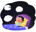 Boy counting sheep to fall asleep, vector llustration Royalty Free Stock Photo