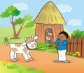 Boy and cow in African countryside, vector illustration