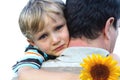 Boy Crying On Father's Shoulder Royalty Free Stock Photo