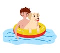 Boy with curly hair swimming with happy dog on yellow float. Summer fun in water with pet. Friendship and leisure time Royalty Free Stock Photo