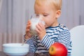 Boy cute baby eating breakfast. Baby nutrition. Eat healthy. Toddler having snack. Healthy nutrition. Drink milk. Child Royalty Free Stock Photo