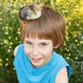 Boy cute with chiken on his head