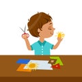 Boy Cutting Sun Shape For Paper Applique, Elementary School Art Class Vector Illustration