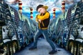 Boy dancing Hip-Hop . Children`s fashion.The Young Rapper.Graffiti on the walls.Cool rap DJ.