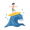 A boy with dark hair is riding a wave on surfboard. A young character, a teenager, is engaged in water sports, surfing Royalty Free Stock Photo