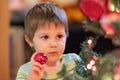 The boy decorates the Christmas tree. Children in Xmas Royalty Free Stock Photo