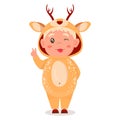 boy in a deer kigurumi costume shows peace with his fingers