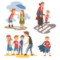 Boy Defending Little Kids, Helping Old Senior Woman to Cross Road, Polite, Brave Kids Set, Good Manners Vector