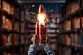 A boy in a denim jacket launches a rocket against the background of the library