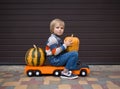 boy in denim overalls and a knitted sweater sits on a large toy truck and transports farm pumpkins Royalty Free Stock Photo